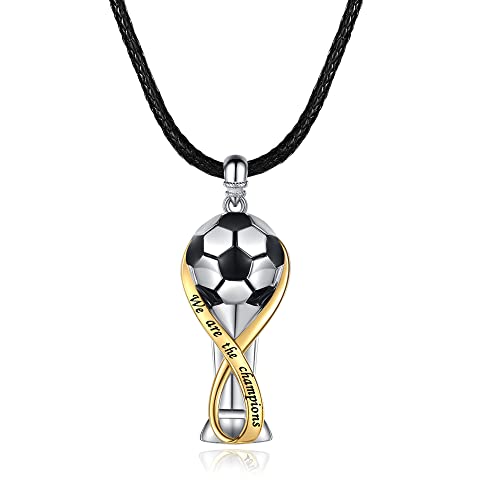 Image of 925 Sterling Silver Football Champions Necklace for Men Women Fans - 3D Soccer Ball Trophy Pendant Necklace The World Cup Gift Jewelry for Boys Girls Football Lovers We Are The Champions Theme
