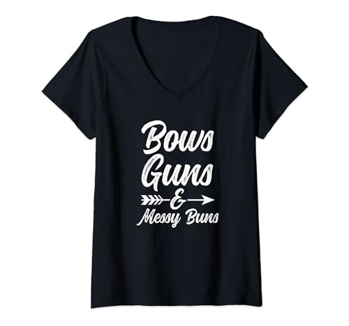 Womens Bows Guns & Messy Buns - Funny Womens Bow Hunter Archery V-Neck T-Shirt