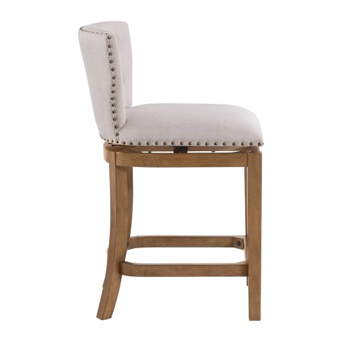 Image of ROME + OAK Carlynd 26 inch Counter Stool, Set of 2 Low Back Swivel Kitchen Barstool in Weathered Oak Finish with Sand Fabric Upholstered Seat