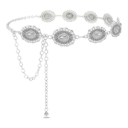 SUOSDEY Western Concho Chain Belt for Women Cowgirl Waist Belt for Country Concert Outfit Dresses Jeans Turquoise Metal Belts