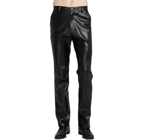 FULBHPRINT Men’S Business Casual High Waist Straight Leg PU Faux Leather Biker Pants Elastic Motorcycle Leather Trousers