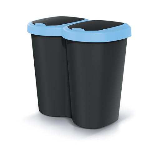 Prosperplast Keden Compacta B Duo 40L Papelera Doble de Plástico, Cubo de Basura Moderno, Dos Tapas Independientes una sola Cámara, Clasificación de Residuos, para Hogar u Oficina (azul/negro)