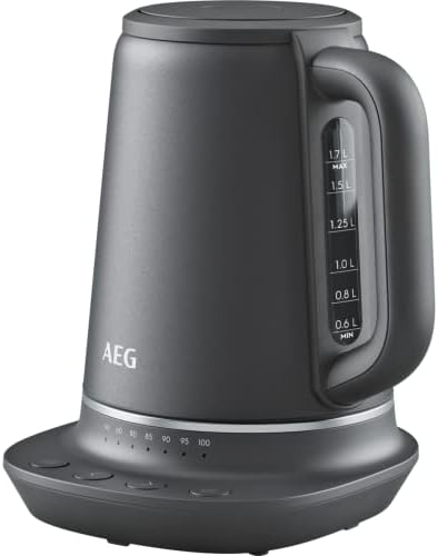 AEG Wasserkocher, 7 Temperaturstufen, 3-fache Sicherheitsabschaltung, Warmhaltefunktion, 1,7 Liter, Tropfschutz, Einfache Reinigung, 360° Basis, Anti-Rutsch, LED-Anzeige, Grau, K7-
