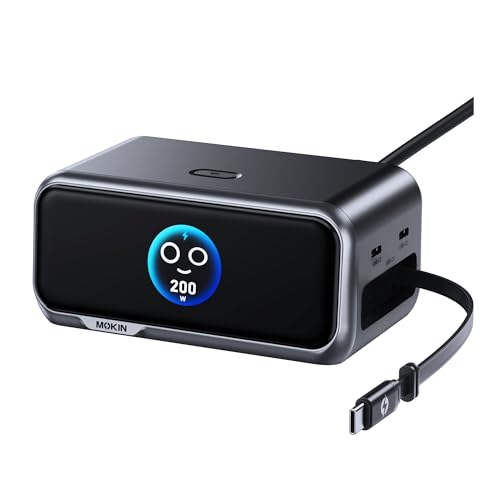 MOKiN 200W Charging Station 6-Port GaN Desktop Charging Station with Smart Display and Retractable Cable USB C Charger Station for iPhone Galaxy MacBook Dell and Desk Accessorie