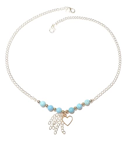 Handmade Boot Bracelet Turquoise Bead White Heart Charm Tassel Chain 16 Inch Adjustable Size Gift Boxed Sold Individually