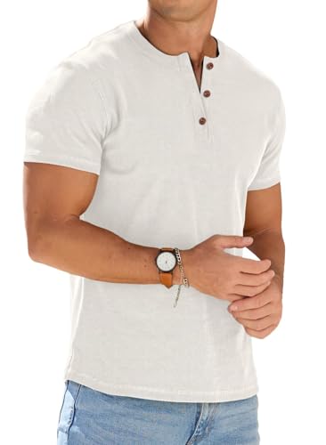 Image of PrinStory Men's Henley T Shirts Summer Short Sleeve Tshirts Casual Grandad T Shirt Crew Neck Basic Tops (White, XL)