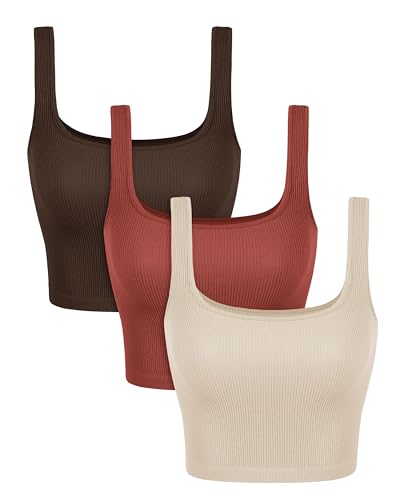 Image of ODODOS 3-Pack Seamless Square Neck Crop Tank for Women Ribbed Knit Soft Low Back Cropped Tops