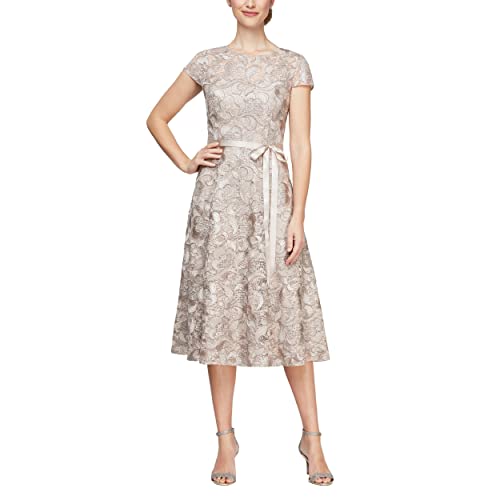 Image of Alex Evenings Women's Tea Length Dress with Rosette Detail (Petite and Regular)