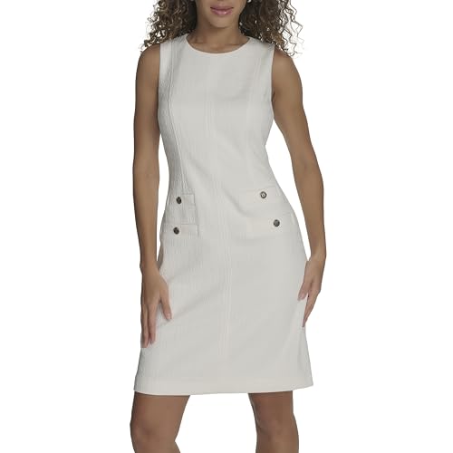Image of Tommy Hilfiger Women's Sleeveless Jewel Neck Novelty Button Tweed Mini Sheath Dress