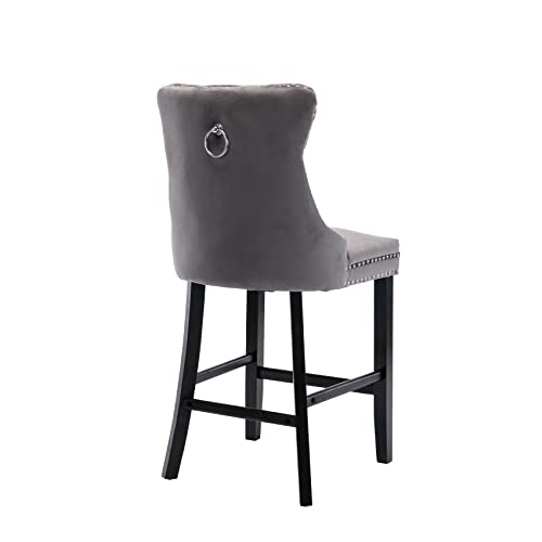 Butacos de altura para barra tapizados en terciopelo Aoowow, set de 2 unidades, asiento de 26.3 pulgadas, sillas sin reposabrazos con respaldo alado y acolchado con botones, patas de madera maciza para isla de cocina o área de bar (Gris) miniatura 6