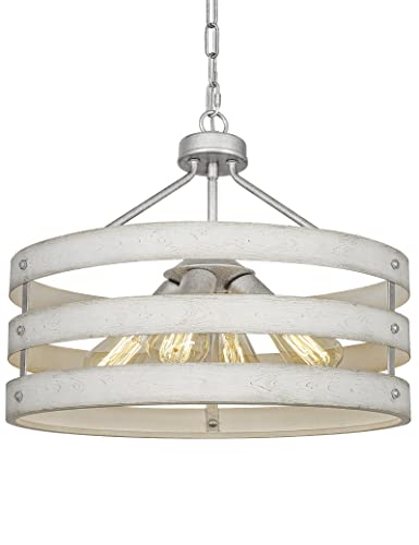 Zxfdwb 4-Light Rustic Chandelier For Entryway, Round Farmhouse Light Fixtures For Dining Room, Industrial Drum Hanging Pendant Lighting For Kitchen Island, White Texture Metal Finish #TOP12