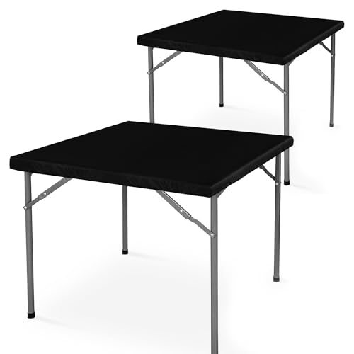 LUSHVIDA Square Fitted Table Cover Card Tablecloth 34x34 inch 2 Packs Waterproof Elastic Vinyl Table Cloth with Flannel Backing Plastic Picnic Small Tables Top for Kitchen Dining Outdoor Party Black