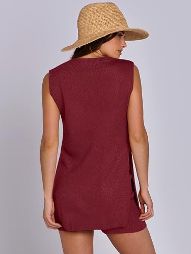 Image of ANRABESS Women Summer 2 Piece Outfits Sleeveless Knit Sweater Top & Shorts Soft Lounge Sets Travel Beach 2026 Spring Clothes Burgundy Small