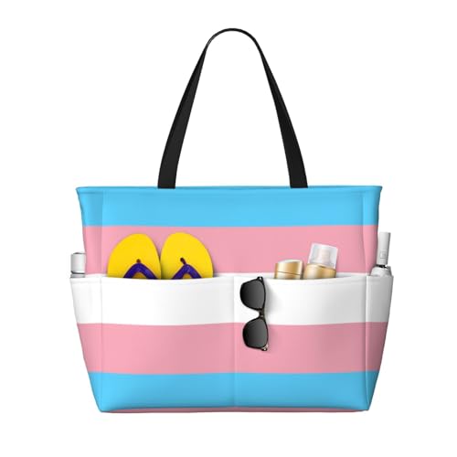 Transgender Pride Flag Beach Bag Women Tote Bag Pool Bag With Zipper For Gym Grocery Travel With Wet Pocket