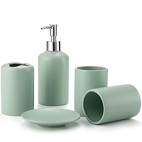 Juego De Accesorios para Baño, Compuesto por Jabonera, Dispensador De Jabon, Porta Cepillo Y Vaso, Set De Baño Nórdicos Verde
