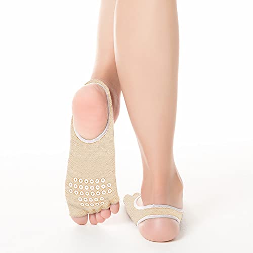 Lujuny Nonslip Yoga Grip Toeless Socks Heelless Socks – Cotton Pilate Barre Ballet Dance Athletic Hospital Stockings (Beige) #TOP1