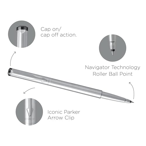 Image of Parker Vector Stainless Steel Chrome Trim Roller Ball Pen and Silver Key Chain, Blue Ink, Medium Point - Gift Set for Professionals, Executives, and Students