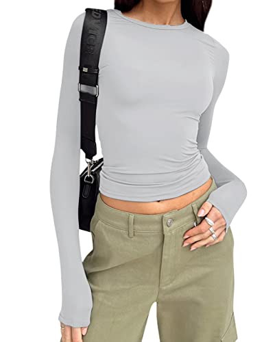 Missactiver Women Workout Crewneck Long Sleeve Yoga Basic T-Shirt Casual Athletic Stretch Slim Fit Solid Tee Shirt Tops Light Grey #TOP28