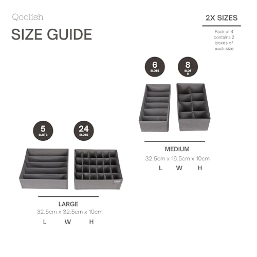Qoolish Underwear Drawer Organiser Grey - Pack of 4 - Perfect Clothes storage organiser for Ties, Socks, Bras, Cosmetics, and underwear storage - Sturdy Drawer organiser to sort your bedroom