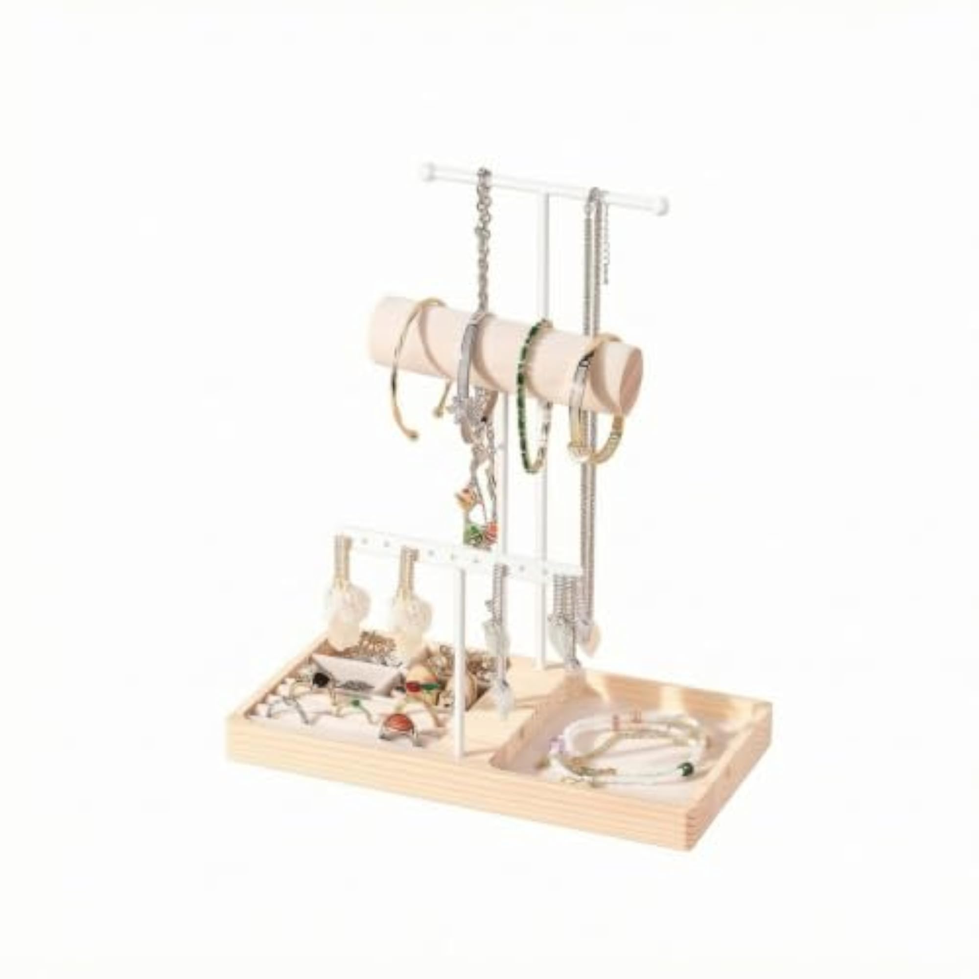 Padded T-Shaped Bar Jewelry Stand, Wooden Base Organizer