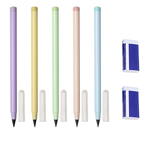 5 Permanent ohne Tinte Bleistifte mit 2 Radiergummis, Metallstifte, unbegrenzt schreiben, wiederverwendbare tragbare ewige Bleistifte für Büro und Schulen Cover