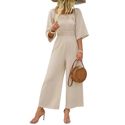 Catálogo de Monos para Mujer que puedes comprar esta semana. 49 AILLOSA Mono de mujer primavera y verano casual color sólido manga corta pantalones de pierna ancha