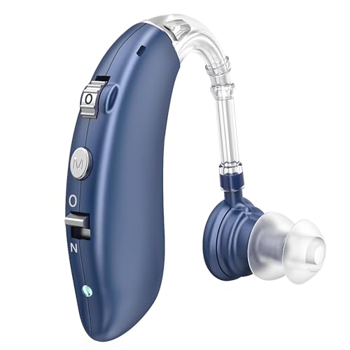 Rechargeable Hearing Aid for Seniors, Noise Reduction ?Volume Control - BTE Digital Adult Hearing Aid for mild to moderate hearing loss. (Single) (brown) (Blue)
