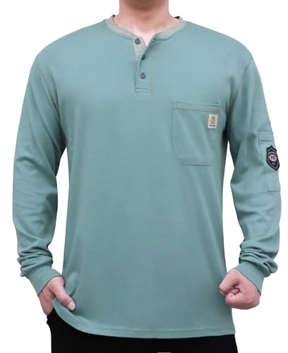 31CUshkNNvL. SL500 BOCOMAL FR Shirts for Men CAT2 5.5oz Green Henley Shirts Flame Resistant Fire Retardant Long Sleeve Shirt