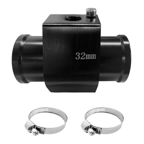 Pxobiug Auto Water Temp Joint Pipe, 32mm Aluminum Alloy Water Temp Meter Connector with Clamps, Rustproof Temperature Gauge Joint Pipe Radiator Sensor Adapter for Car Truck SUV