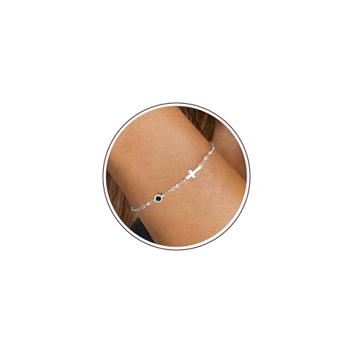 Cross Bracelet with Birthstone Dainty Gold Bracelets for Women Birthday Gift Christian Gifts for Her Religious Faith Baptism Confirmation Gifts for Teen Girls Christmas Jewelry for Sister Daughter Granddaughter Girlfriend