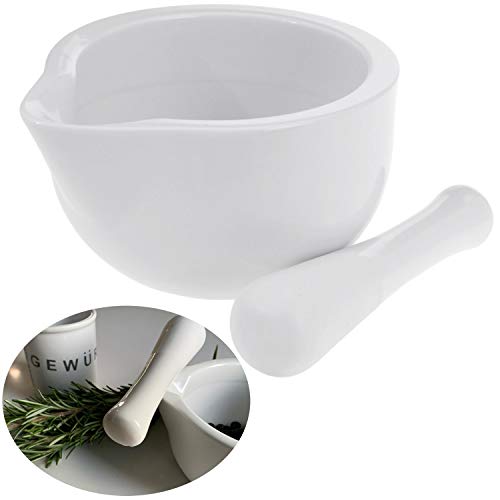LS-LebenStil Keramik Mörser mit Stößel - 12cm - Weiß - Perfekt für frisch gemahlene Gewürze Kräuter Tabletten Medikamente - kleiner Gewürzmörser Zerkleinerer Kräuter-Mühle