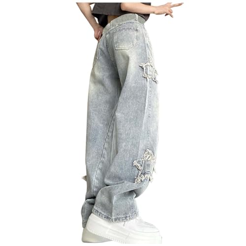 Womens Baggy Jeans Trendy Y2K Star Embroidered Boyfriend Denim Pants High Waisted Wide Leg Trousers with Pockets2