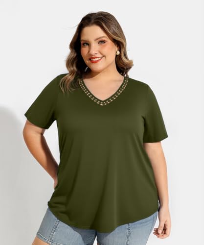 Image of RITERA Women Plus Size Tops Tie Dye V Neck Shirt Floral Camo Summer Short Sleeve Tunic Oversized Ladies Blouse XL-5XL