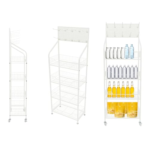GXFCHYL 4 Tier Retail Display Rack Shelf with 10 Hooks & Wheels Snack Candy Display Organizer 19.6 * 10.6 * 55in Metal Wire Storage Shelf Display Rack Store Display Shelf (White)