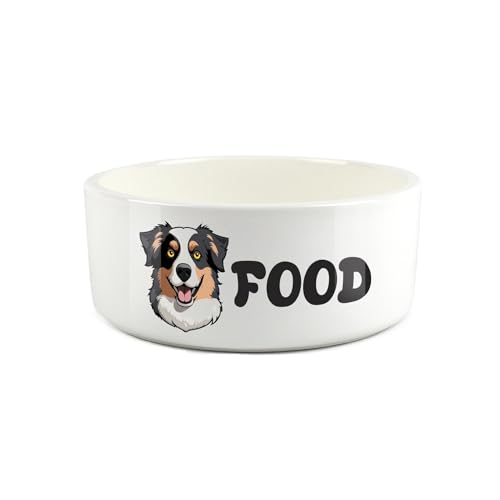 Australian Shepherd Pet Bowl - Cartoon Dog Portrait Large Ceramic Food Bowl - Novelty White Food Dish For Dogs