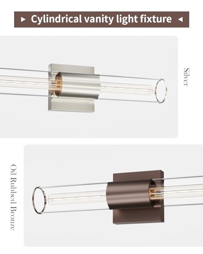 Image of 2 Pack Brushed Nickel Bath Vanity Light Fixtures, Indoor Wall Sconce Light with Cylinder Clear Glass Shade, Modern E26 Elegant Bathroom Wall Mounted Lighting for Bedroom Living Room Porch