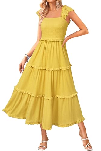 Image of Newshows Women's 2026 Summer Wedding Guest Dress Ruffle Sleeve Smocked Square Neck Long Flowy Tiered Maxi Sundress