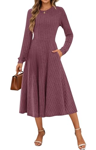 MOLERANI Womens Long Sleeve Casual Ribbed Knit Midi Dress Crewneck