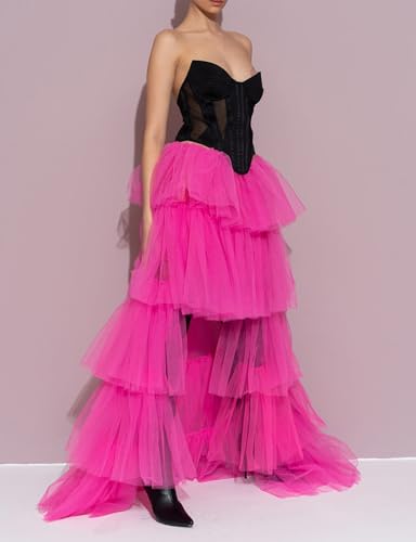 Women's Rave Skirt High Low Layered Mesh Tutu Tulle Long Skirts Elastic Waist Festival Party Wedding Dress Bottoms (Hot Pink, One Size)4