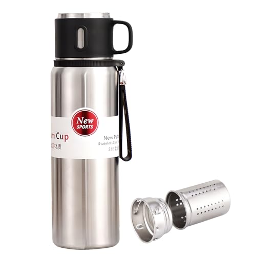 Borraccia con infusore per tè, in acciaio inox, con tazza, tazza da caffè, borraccia termica per bevande calde/bevande fredde, isolamento 24 ore (argento, 590 ml)