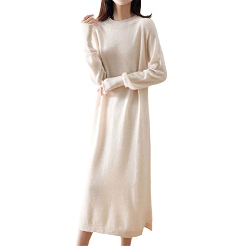 Robe en laine tricotée Kelsiop beige XL pour femme : élégance pure et douceur col montant