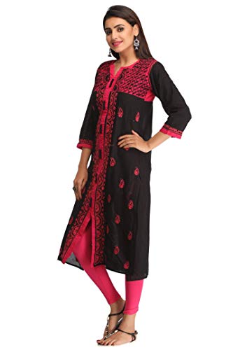 Image of Ada Women Hand Embroidered Lucknow Chikankari Cotton Regular Fit Kurti Kurta A228599 Black (Small)