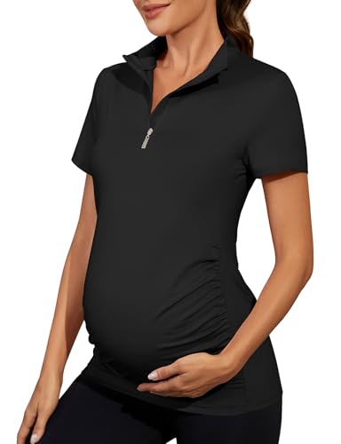Viracy Maternity T Shirts, Womens 1/4 Zip Up Polo Pregnancy Work Tops Short Sleeve Lightweight Workout Clothes Flattering Sun Protection Exercise Moisture Wicking Rash Guard,Black Small