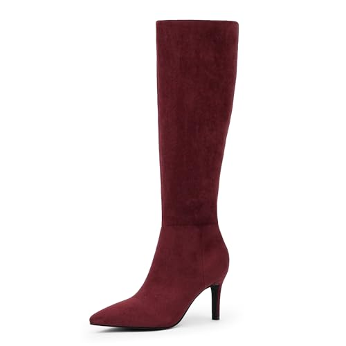 Easyfox Knee High Burgundy Suede Boots for Women Stiletto High Heeled Long Boots Fashion Pointed Toe Tall Boots Side Zipper Knee High Boots Size 7