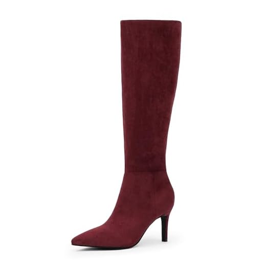 Easyfox Burgundy Suede Knee High Boots - Women's Pointed Toe Tall Stiletto Heels Size 8