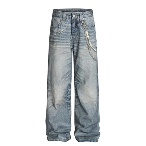 Men's Chain Print Jeans, High Street Washed Distressed, Baggy Straight Wide Leg Denim Pants