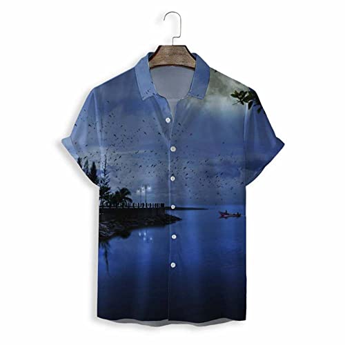 Chemise hawaïenne homme bleu foncé imprimé ciel nocturne tropical