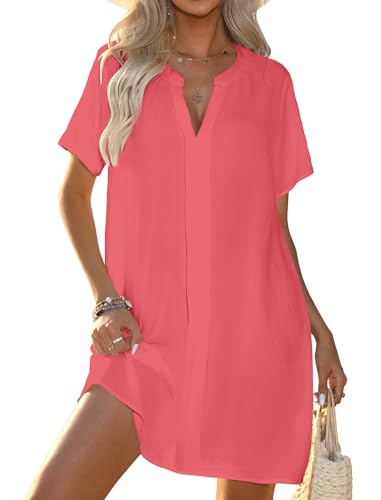 Image of Halife Women's Swimsuit Cover Up Shirt V Neck Short Sleeve Bathing Suit Coverups Summer Beach Cover Ups
