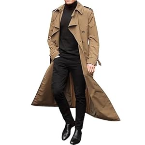 MAHUAOYIXI Manteau Long Homme Trench-Coat Double Boutonnage Col Revers Veste Légère à Ceinture Hiver Automne (Kaki, M)