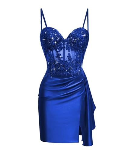 Ztikolen Royal Blue Lace Satin Bodycon Gown 2025 | Short Mini Prom Dress for Fall Homecoming & Thanksgiving Parties Size 2